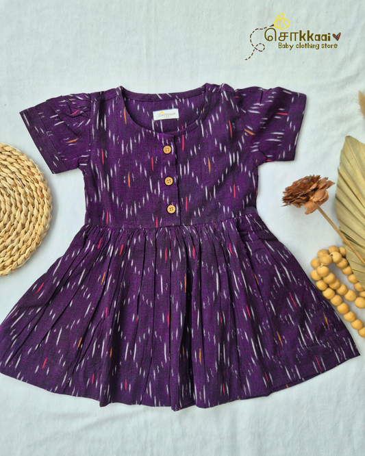 Royal Purple Ikkat Cotton Puff Sleeve Frock (0-3years) - Sokkaai