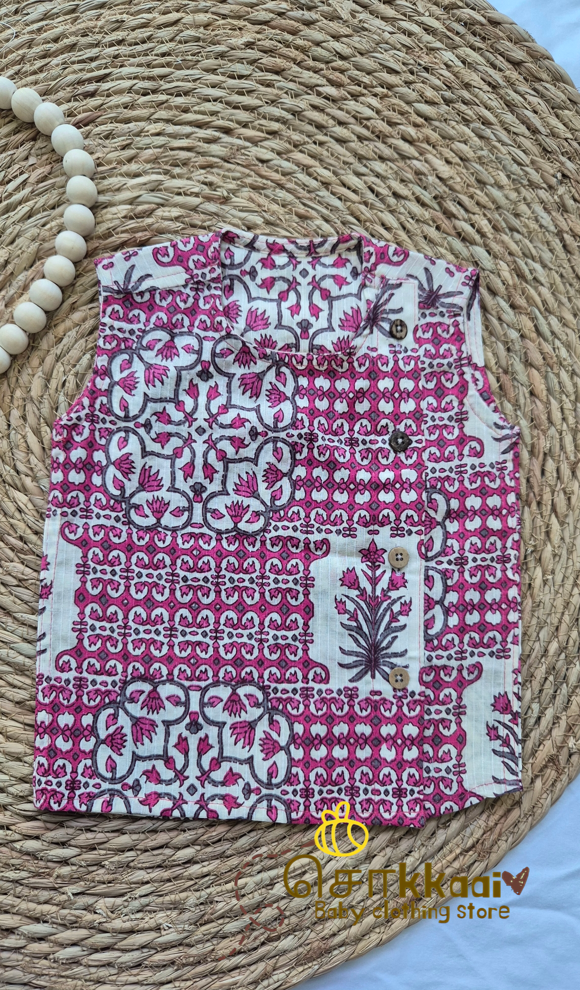 Sleeveless pink kantha Side Button Jablas (newborn to 12months)