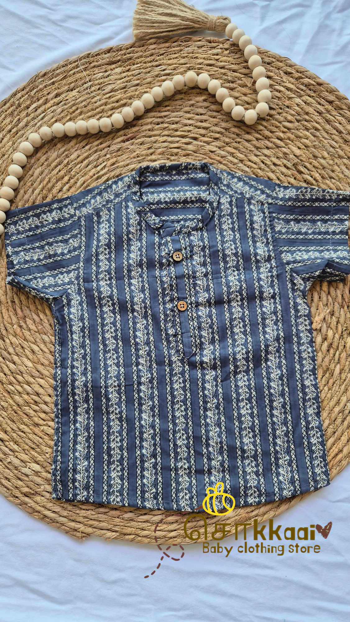 Grey Stripes Cotton Kids Short Kurta