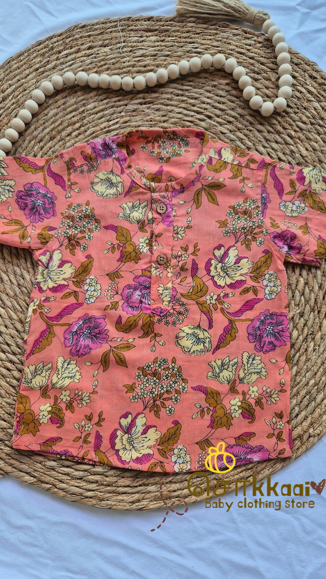 Pink Floral Cotton Kids Short Kurta