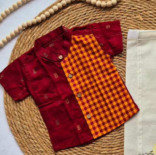 Mix Match Maroon handloom and checked Kids Cotton Shirt (0-5years) - Only shirt