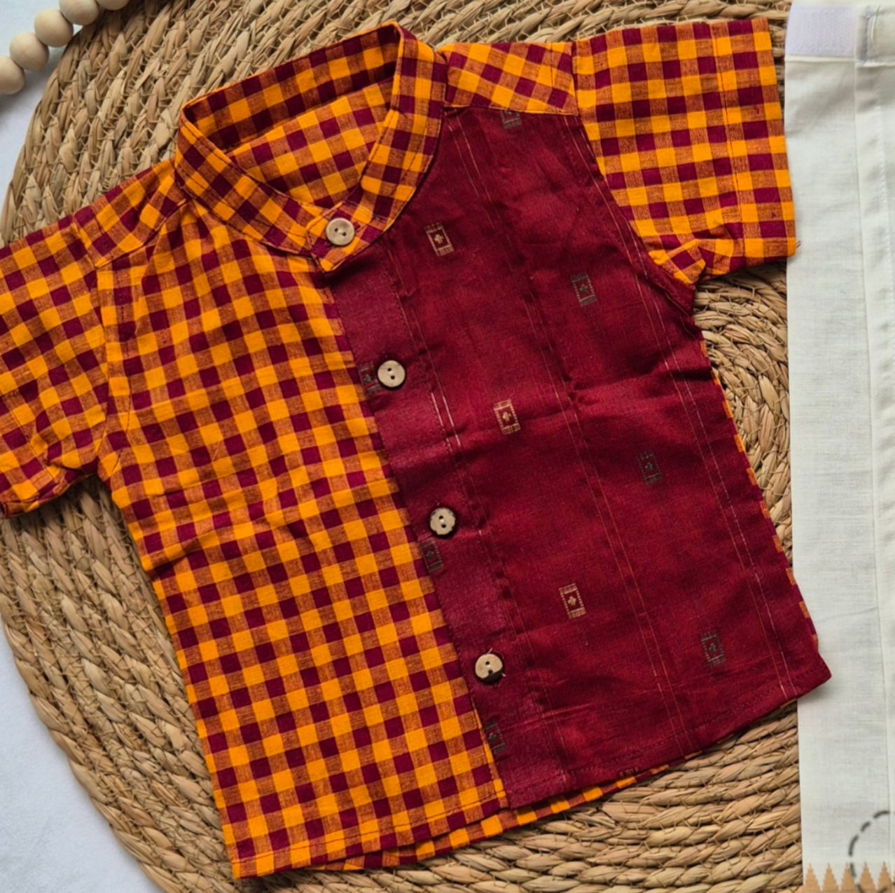 Mix Match Maroon handloom and checked Kids Cotton Shirt (0-5years) - Only shirt