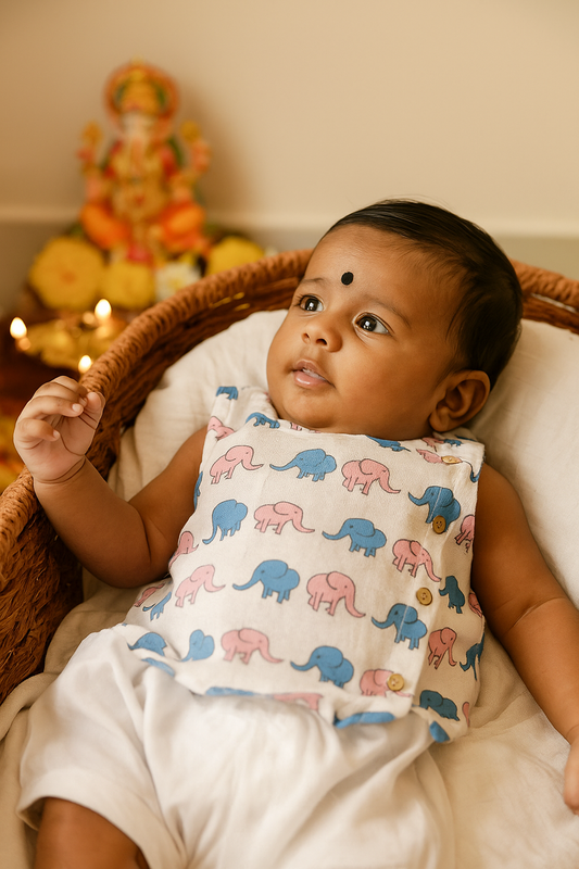 Pink & Blue elephant mix cotton Side Button Jablas (0-2years)