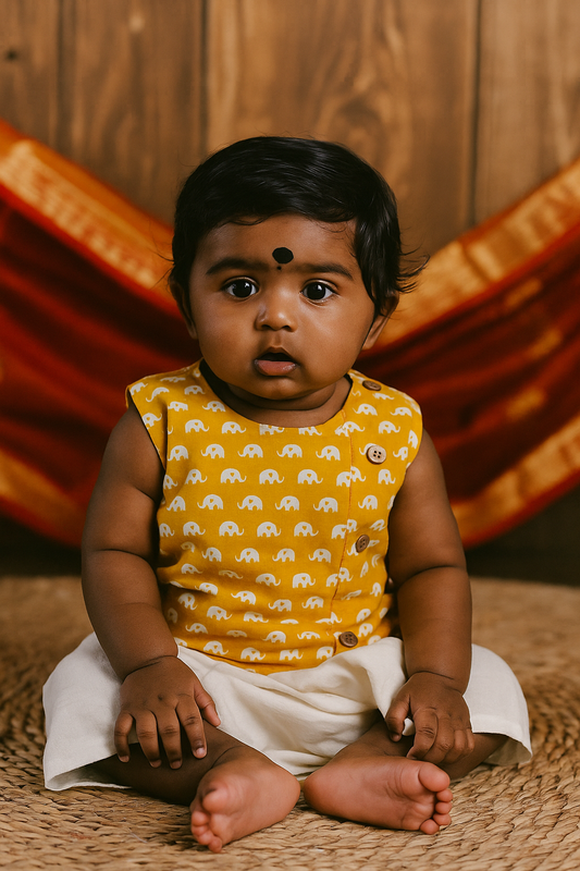 Yellow small elephant cotton Side Button Jablas (0-3years)