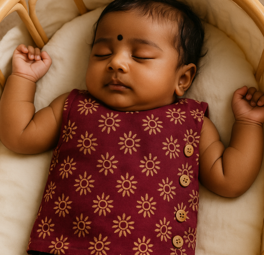 Maroon floral handblock cotton Side Button Jablas (0-3years)