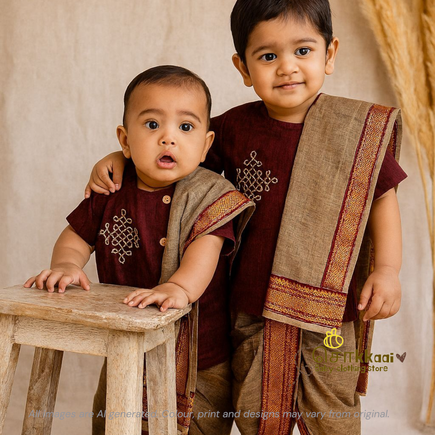 Mangalgiri Cotton Dhoti set - Dusky Maroon and Ash (0-3years)