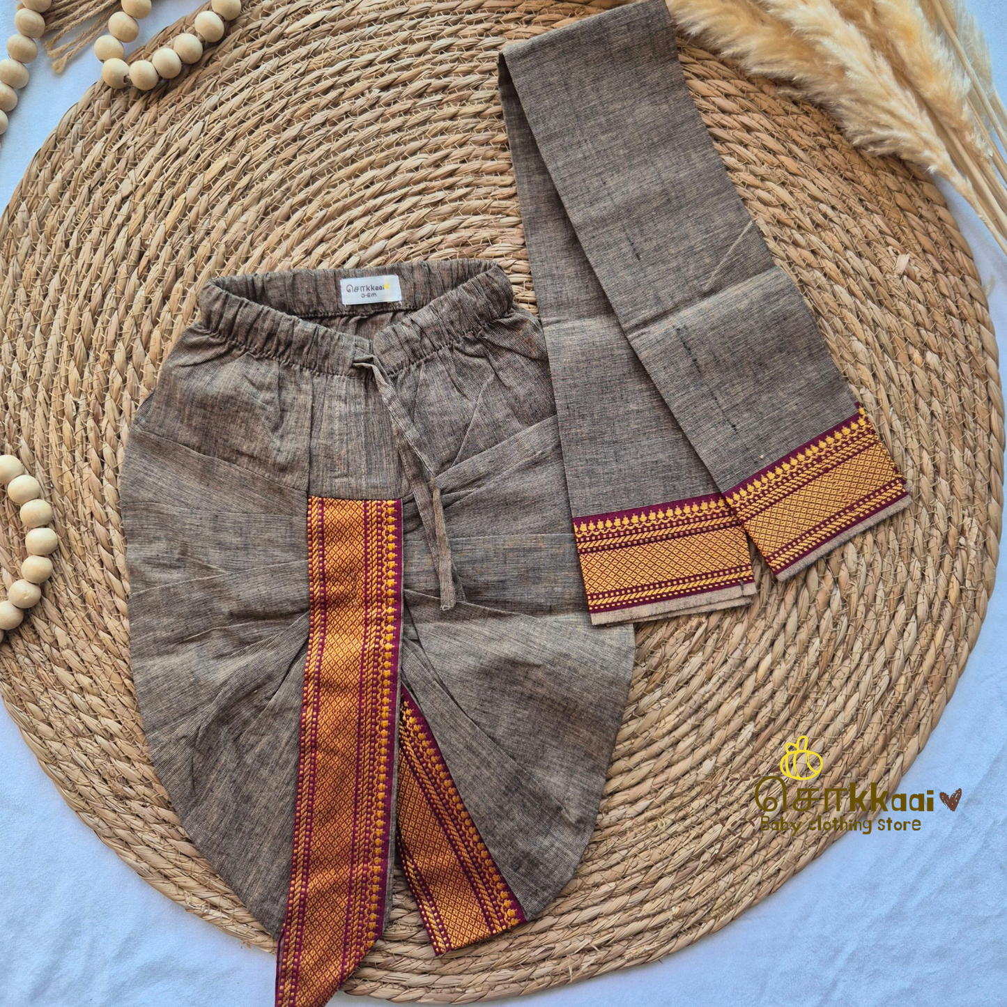 Mangalgiri Cotton Dhoti set - Dusky Maroon and Ash (0-3years)