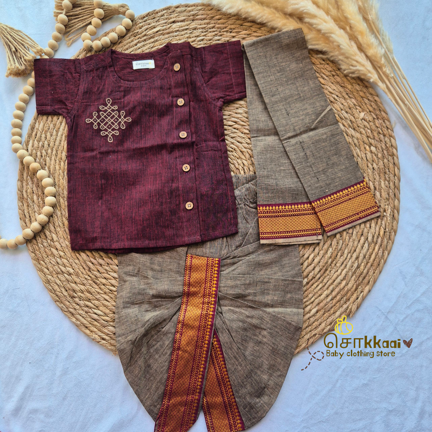 Mangalgiri Cotton Dhoti set - Dusky Maroon and Ash (0-3years)
