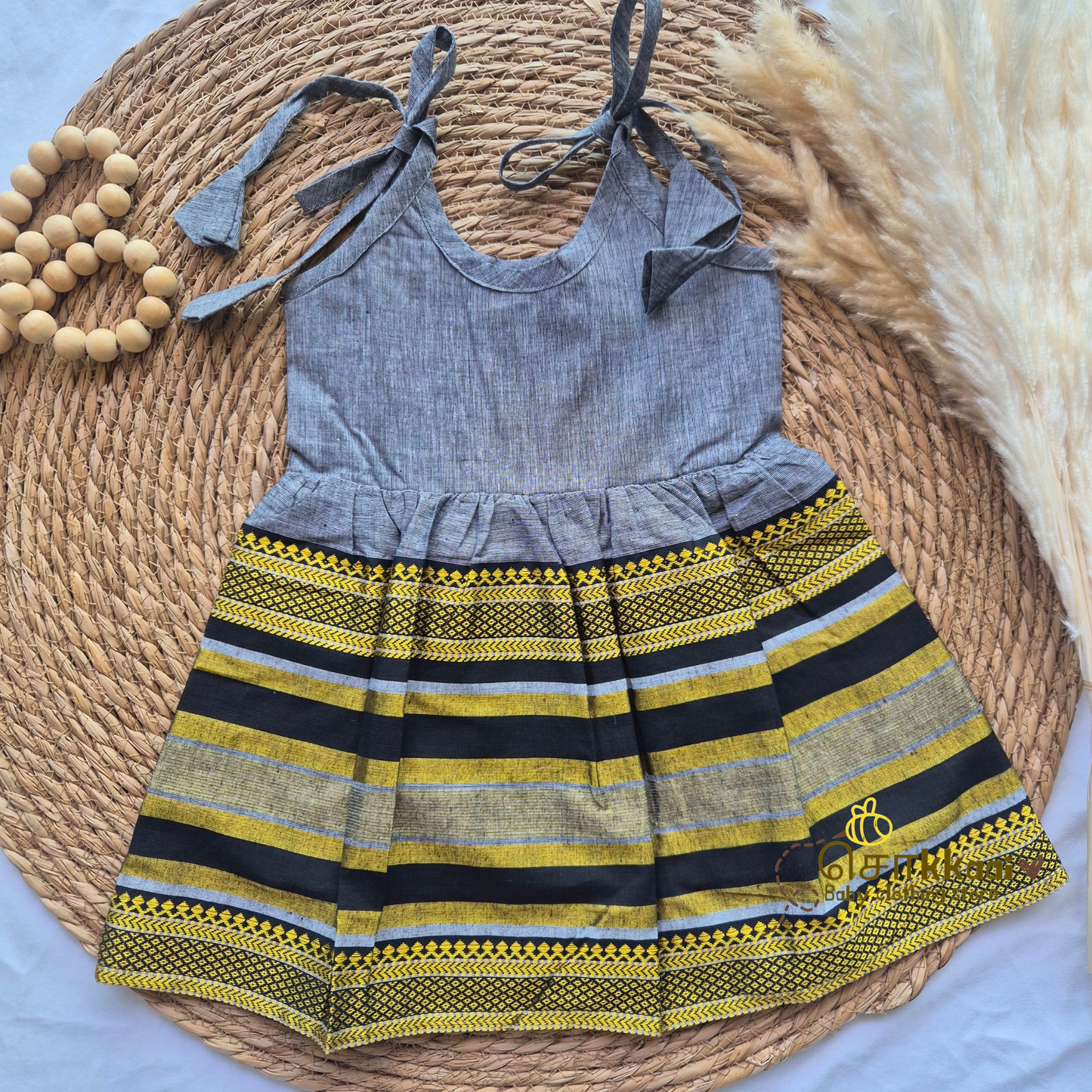 Black & Grey tassel Tie single layer frock (0-3yrs) - Sokkaai
