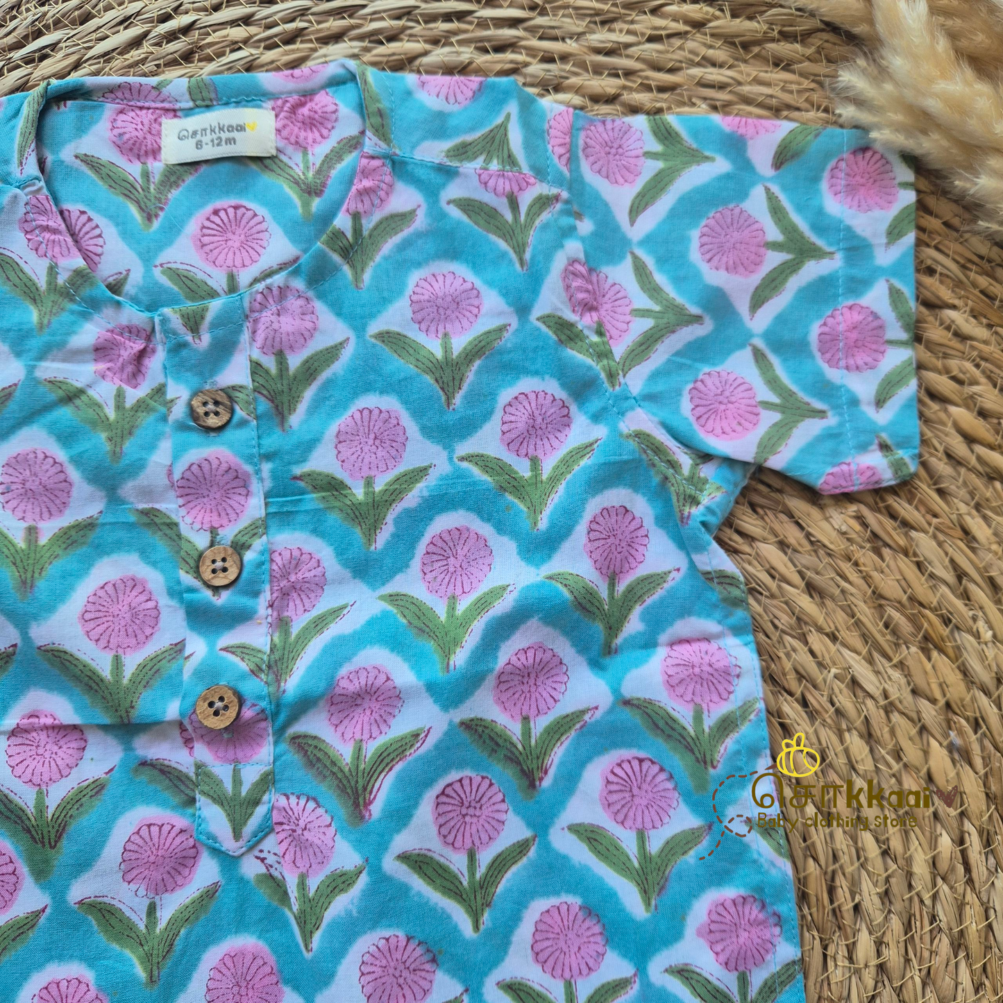 Blue & pink bloom cotton kurta & Dhoti set(0-5yrs) - Sokkaai
