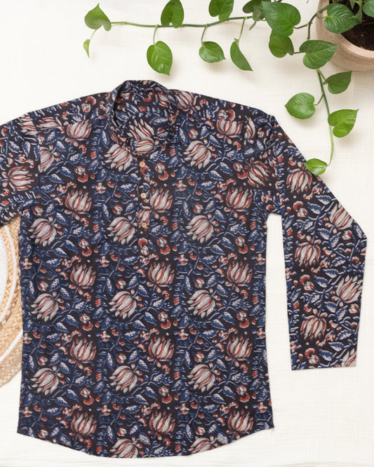 Smoky Black Floral Mandarin Collar Men Kurta (M-XXL) - Dad