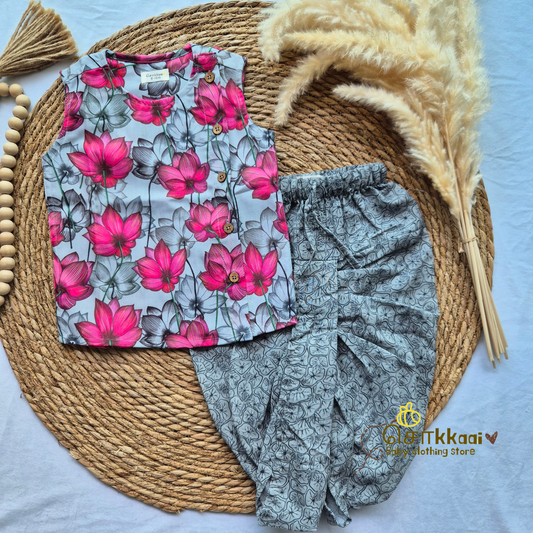 Grey & Pink lotus kids dhoti set (0-3yrs)