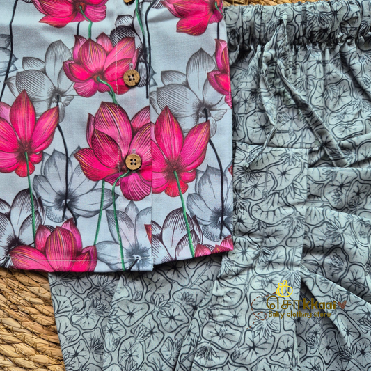 Grey & Pink lotus kids dhoti set (0-3yrs)