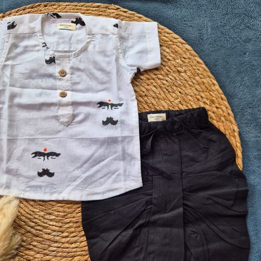 Bharathiyar printed cotton kids dhoti set (0-5years) - Sokkaai