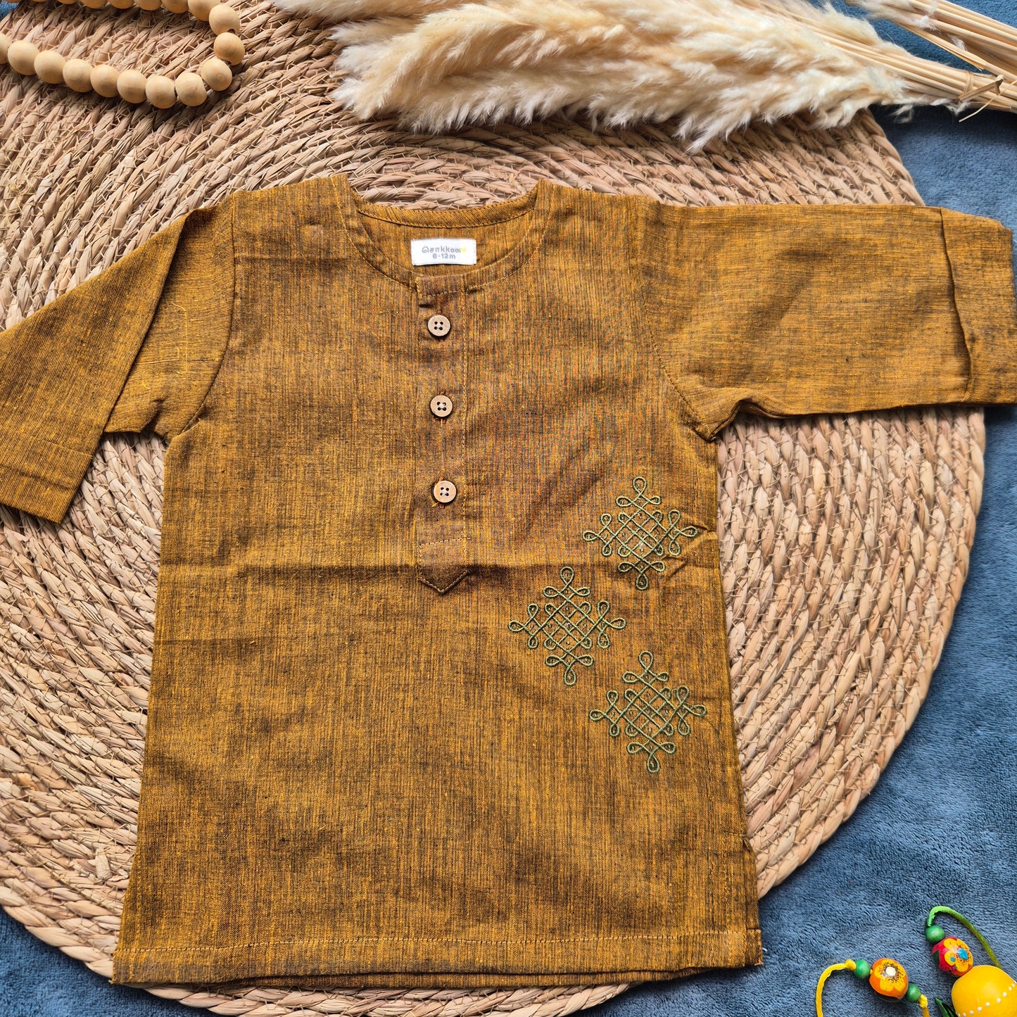 Mustard Brown Mangalgiri Mid length kurta with elbow sleeve (0-8years) - Sokkaai