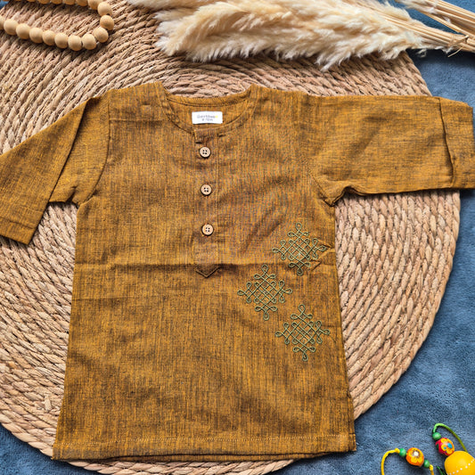 Mustard Brown Mid length kurta with elbow sleeve (0-8years) - Sokkaai
