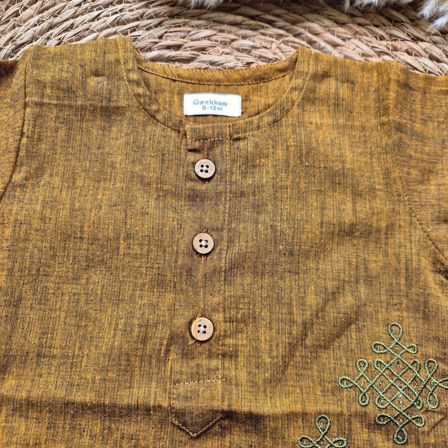Mustard Brown Mangalgiri Mid length kurta with elbow sleeve (0-8years) - Sokkaai
