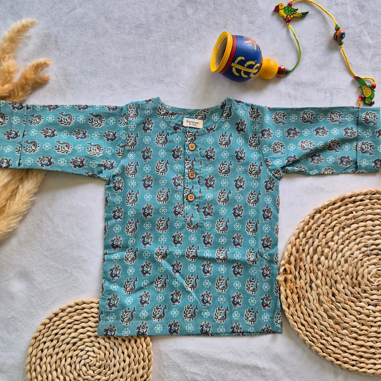 Blue Peacock Parade mid length kurta with elbow sleeve (0-6years) Sokkaai
