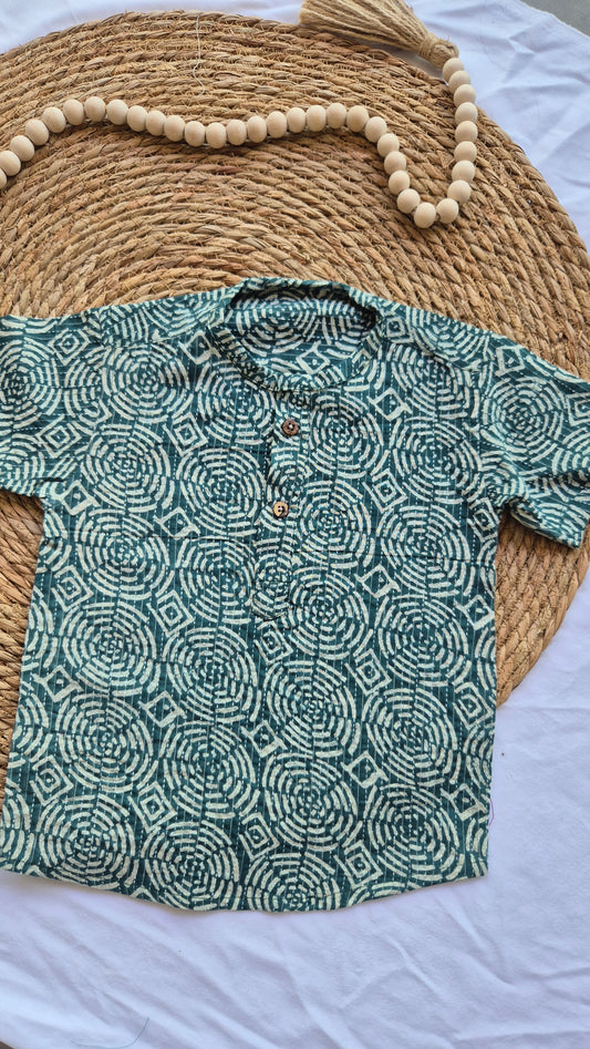 Dark Green Kantha Cotton Kids Short Kurta