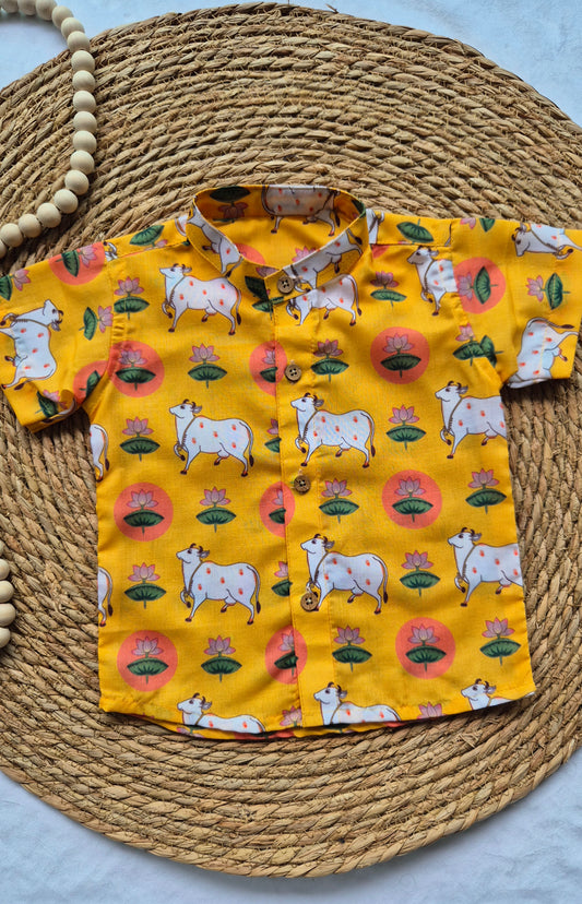 Yellow Pichwai Shirt  - Mixed Cotton