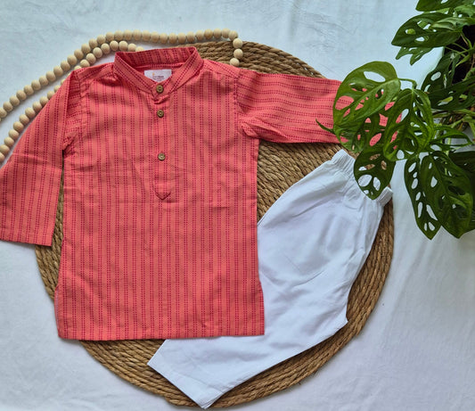 Long Kurta/ Jippa pink stripes handloom Kurta Set (2 to 4years)