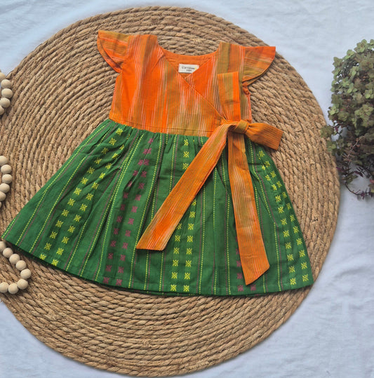 Overlap Flared Baby Girl Frock Orange & Green - Sibling Combo