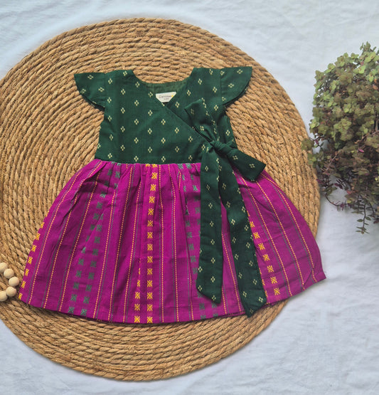 Overlap Flared Baby Girl Frock Dark Green & Violet - Sibling Combo