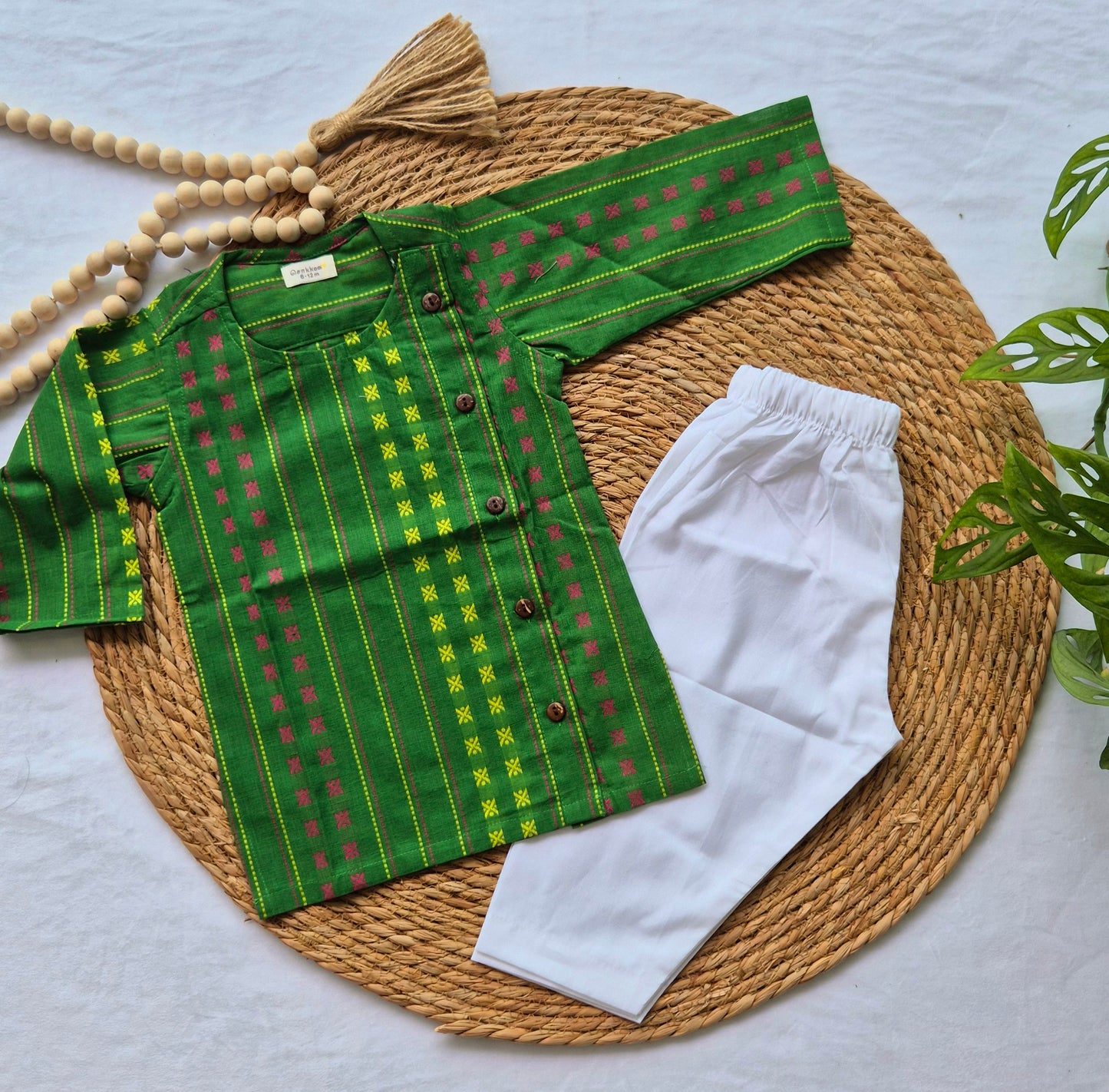 Long Kurta/ Jippa Green Handloom (6m-3years) Kurta Set - Sibling Combo