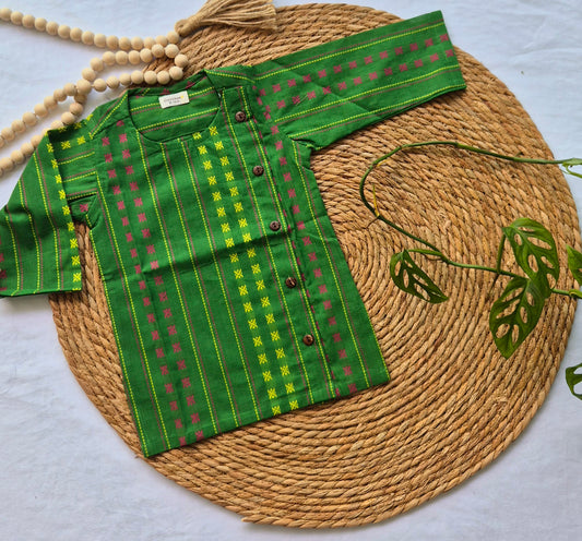 Long Kurta/ Jippa Green Handloom (6m-3years) Kurta Set - Sibling Combo