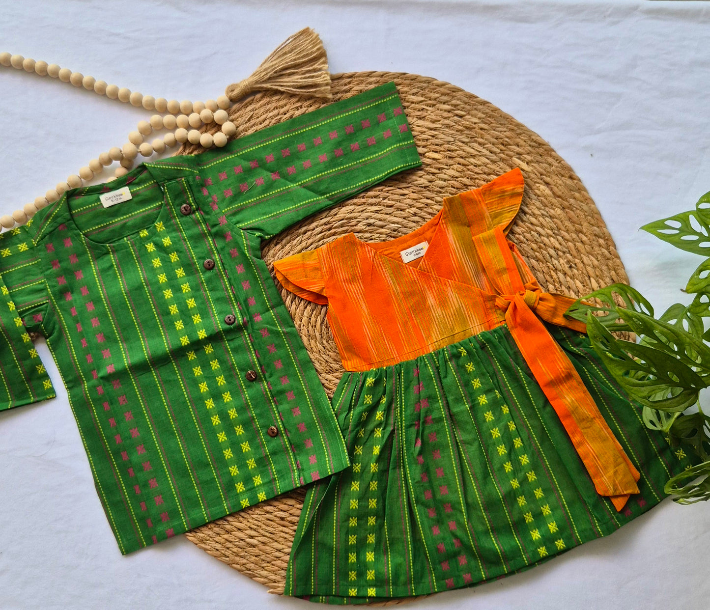 Long Kurta/ Jippa Green Handloom (6m-3years) Kurta Set - Sibling Combo