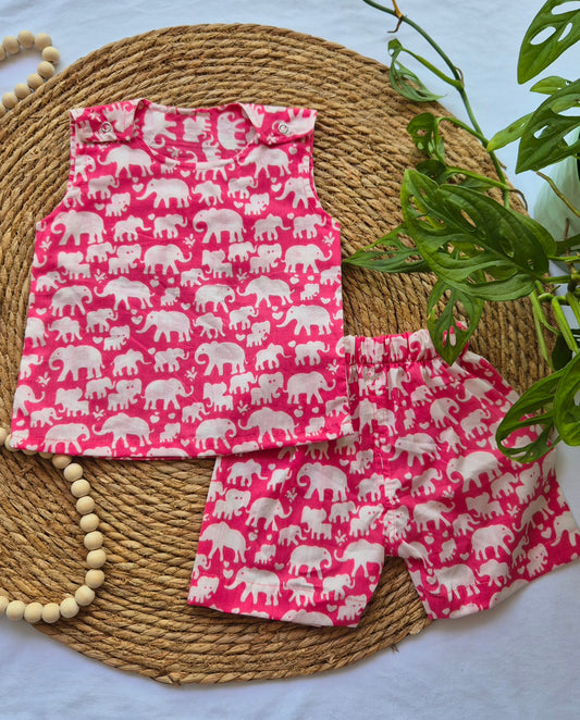 Adorable Sleeveless Kids Cotton Pink Elephant Coord Set (0-2years) - Unisex/ Girl / Boy