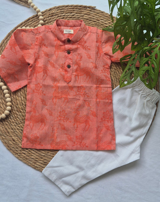 Long Kurta/ Jippa orange deer cotton  (1 to 4years) Kurta Set