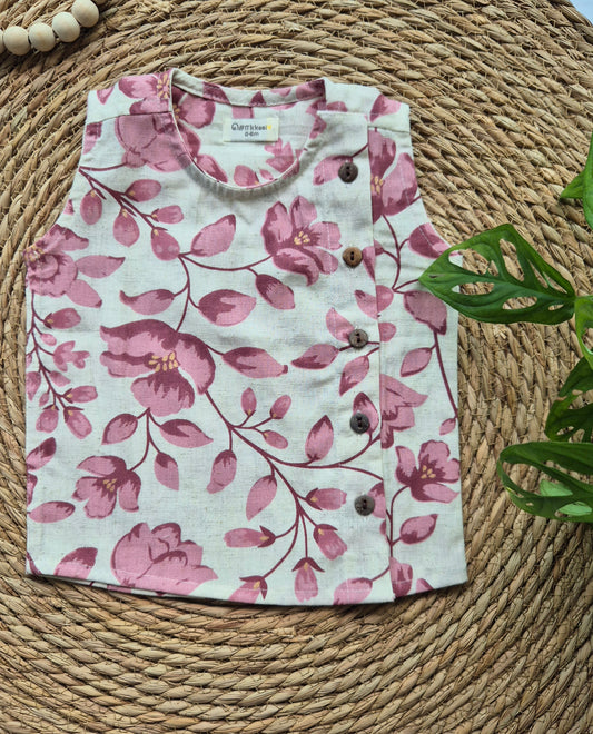Sleeveless Pink Floral Side Button Jablas (0-4years)