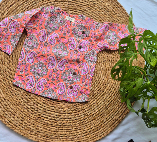 Long Sleeve orange geometric printed cotton Kurta/ Jippa (newborn to 4years)
