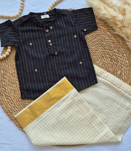 Black Handloom kurta with Veshti set (2 to 4years)