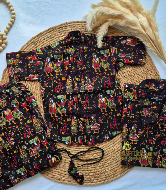 Black kalamkari Dad-Mom-Son Combo
