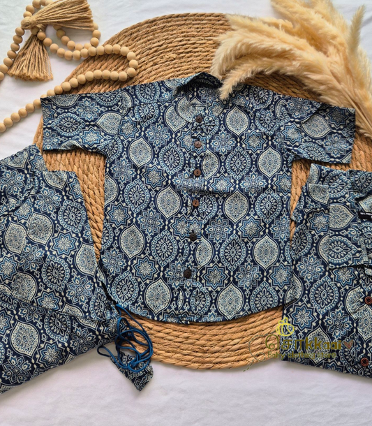 Blue ajrakh print Dad-Mom-Son Combo