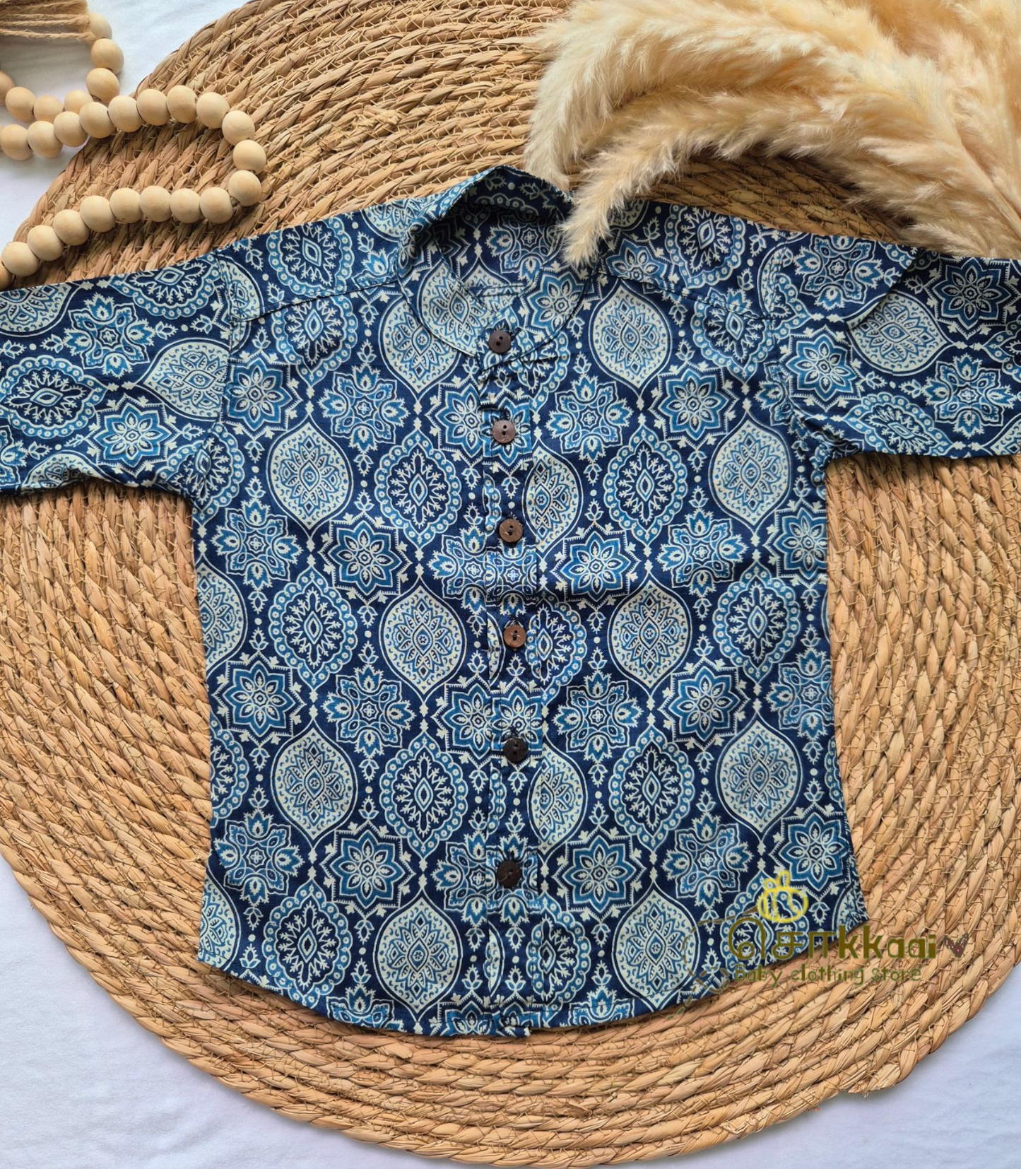 Blue ajrakh print Dad-Mom-Son Combo