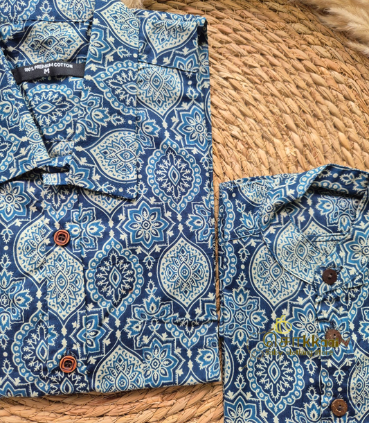 Blue ajrakh print Dad-Son Combo