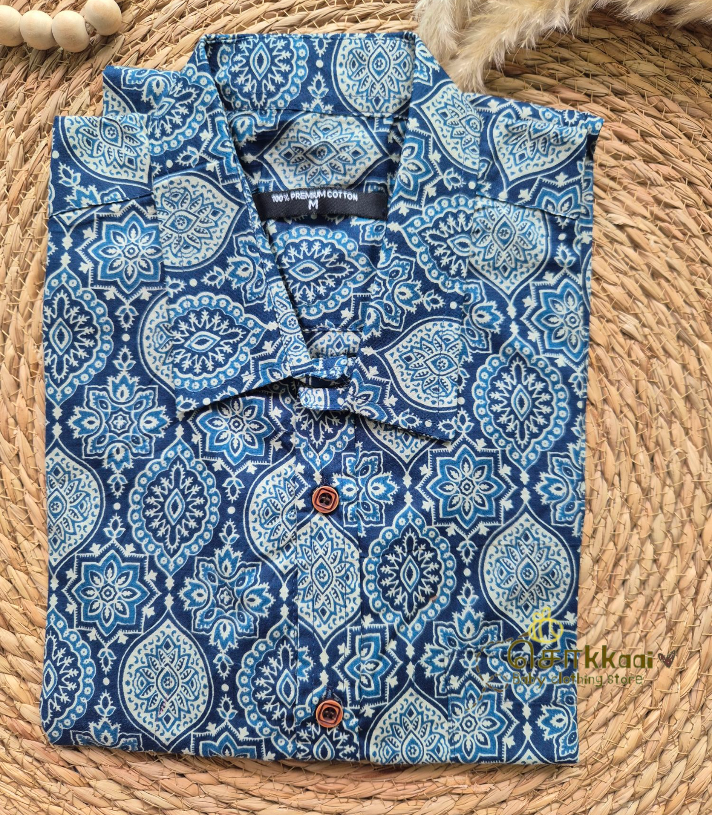 Blue ajrakh print Dad-Mom-Son Combo