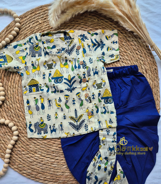 Blue warli printed cotton kids dhoti set (Newborn - 4 years)