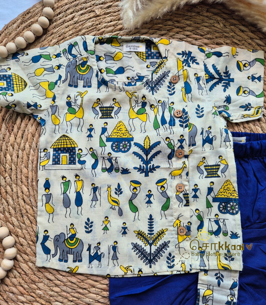 Blue warli printed cotton kids dhoti set (Newborn - 4 years)