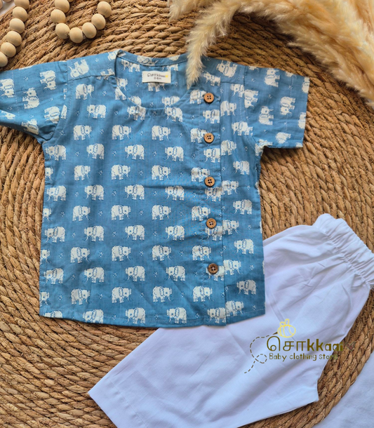 Blue small elephant Collarless Kids Cotton Shirt (newborn to 3years)