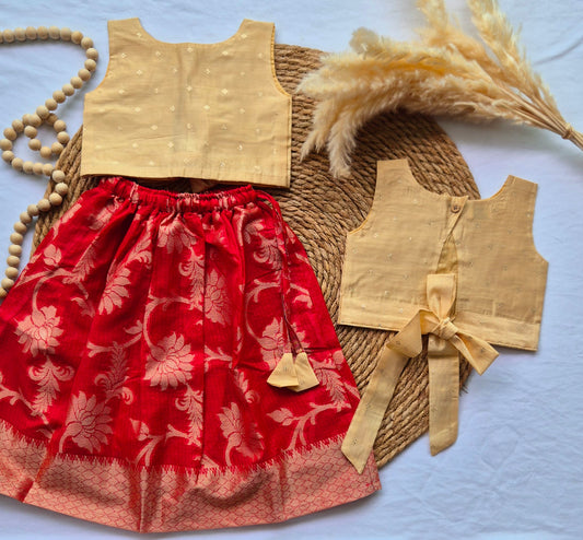 Red and Biege Skirt and top for Girls (1-4years)