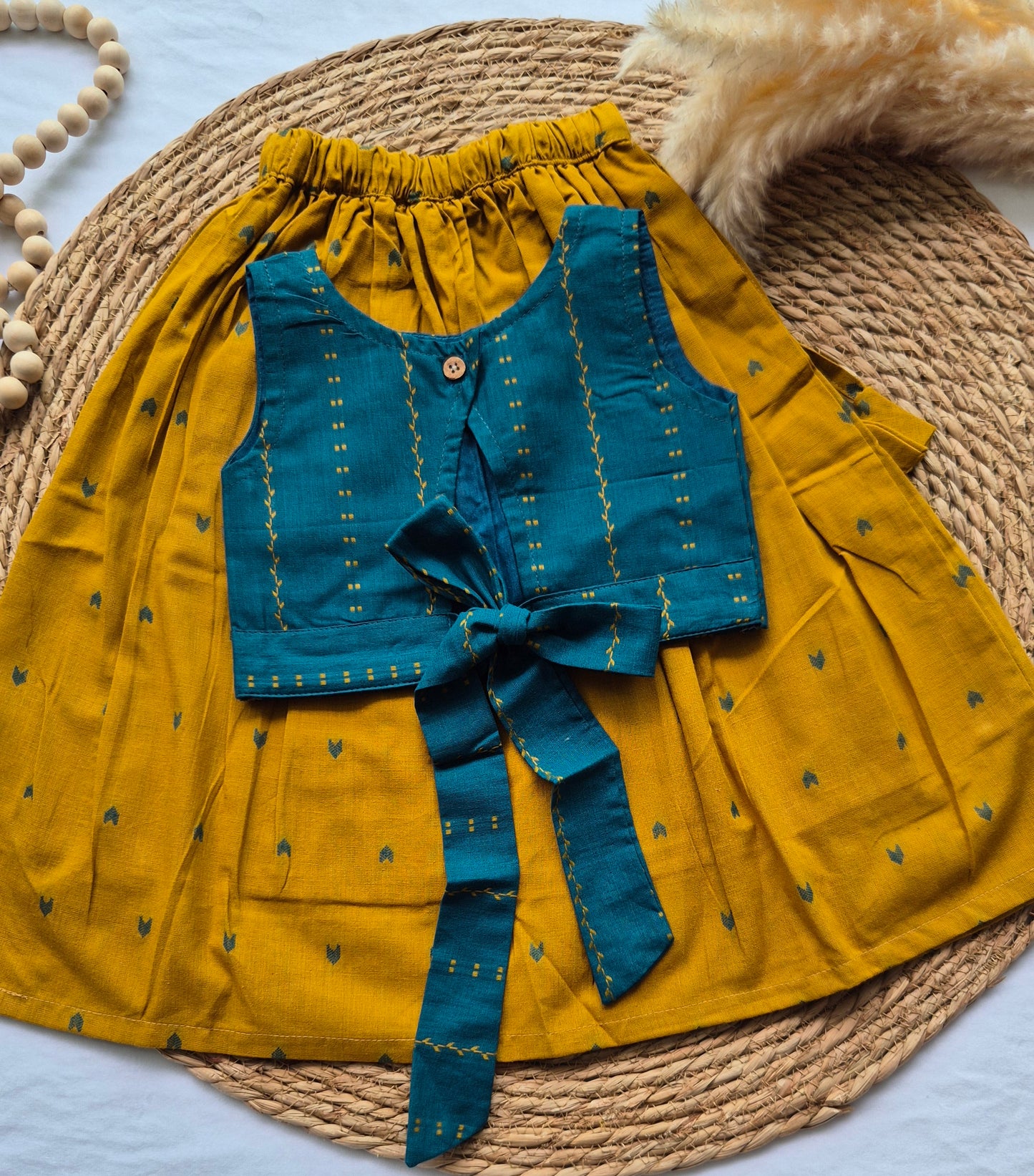 Mustard Yellow Handloom Cotton Skirt and top for Girls (1-4years)