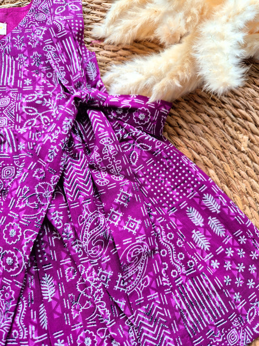 Overlap Flared Baby Girl Frock  - Violet Block Print (Newborn to 12months)
