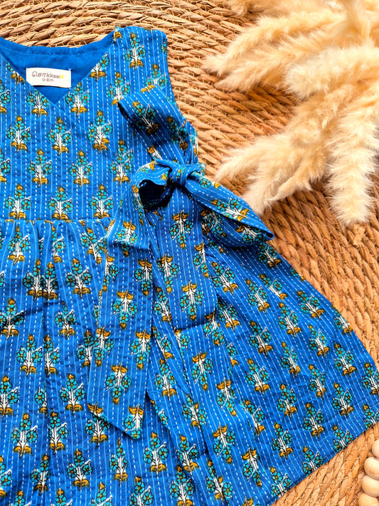 Overlap Flared Baby Girl Frock  - Blue Kantha floral (Newborn to 5years)