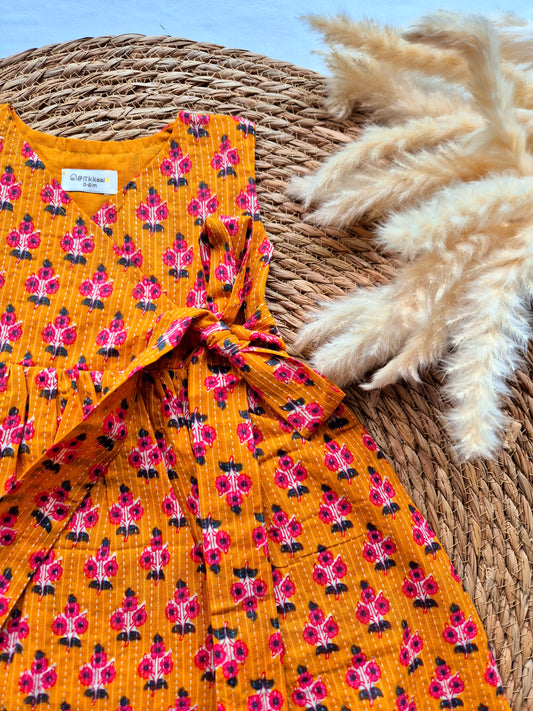Overlap Flared Baby Girl Frock  - Yellow Kantha floral (Newborn to 5years)