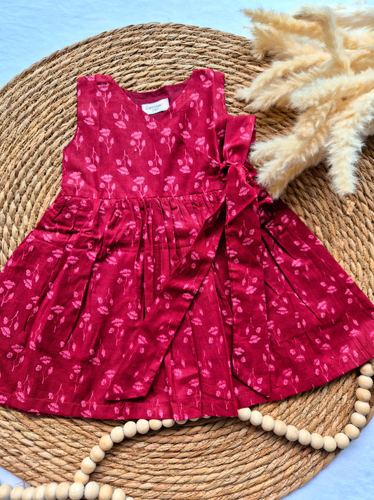 Overlap Flared Baby Girl Frock  - Maroon Small lotus (Newborn to 5years)
