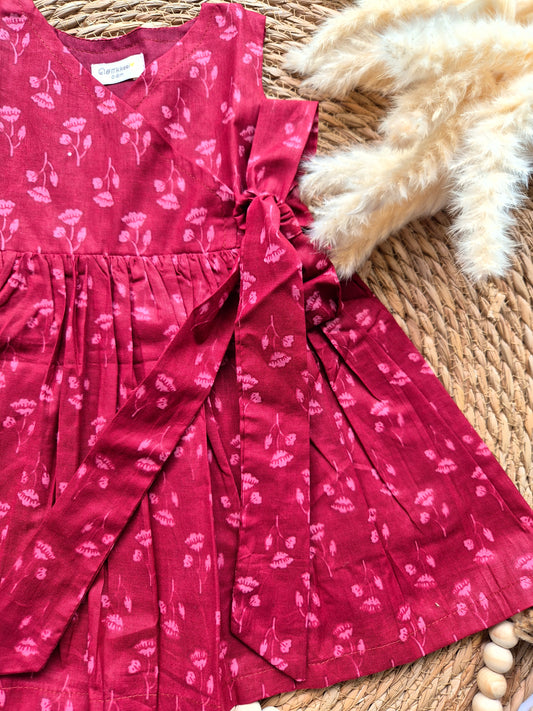 Overlap Flared Baby Girl Frock  - Maroon Small lotus (Newborn to 5years)